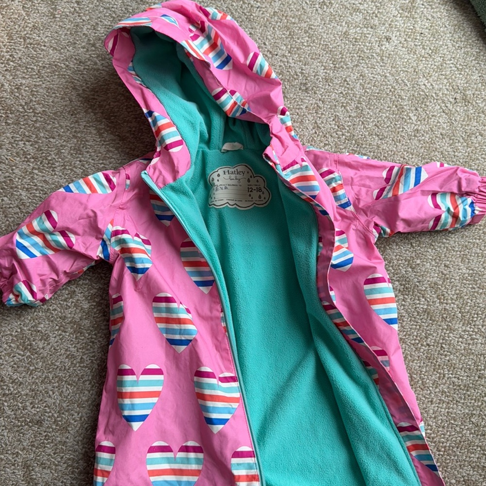 Hatley rain suit 12-18 months pink hearts
